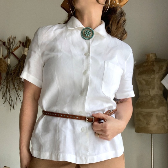 Vintage Tops - 70's UNITS PURE WHITE LINEN SHORT SLEEVE BUTTON DOWN TOP